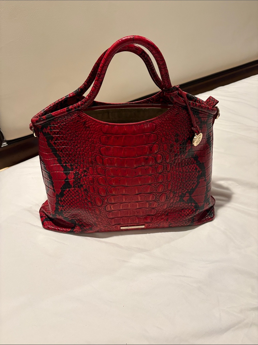 Brahmin Red Mock-Croc Tote with Black Accents